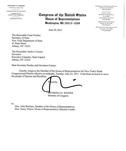 Weiner Resignation Letter 