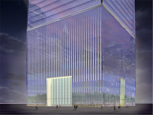 Rendering of One World Trade Center base at night (credit: Port Authority) 