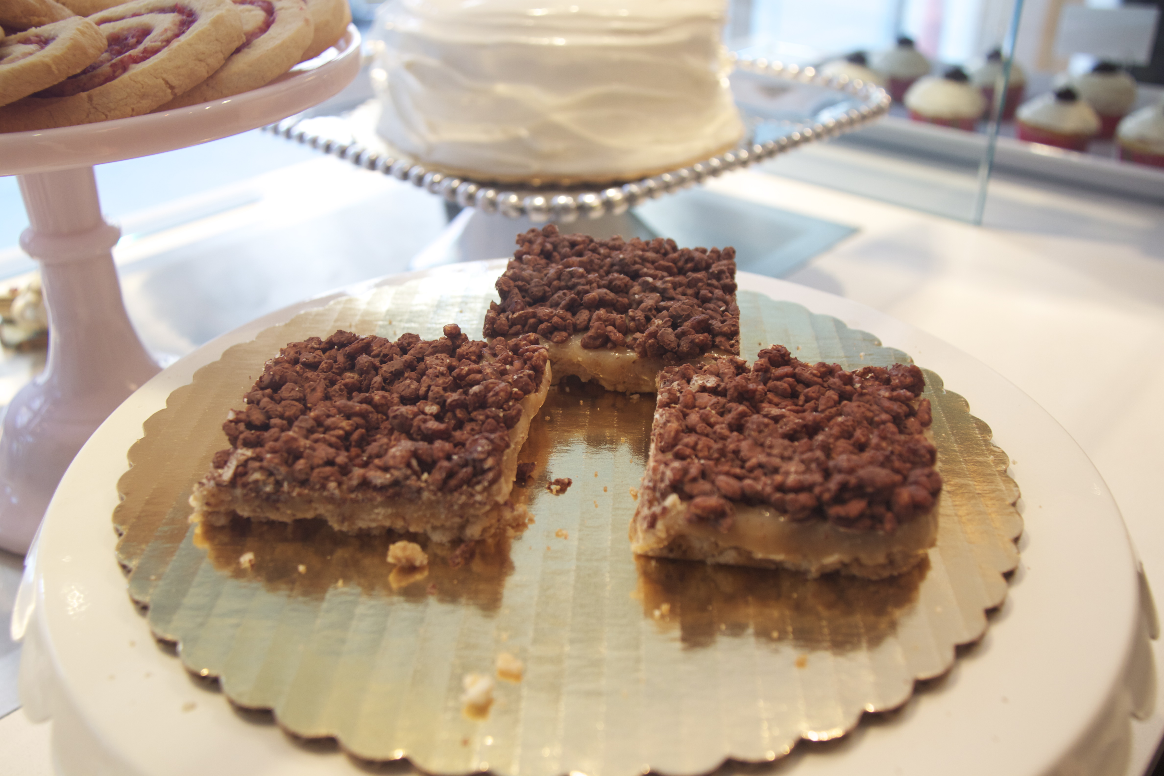 Caramel shortbread with chocolate coated rice crispies 
