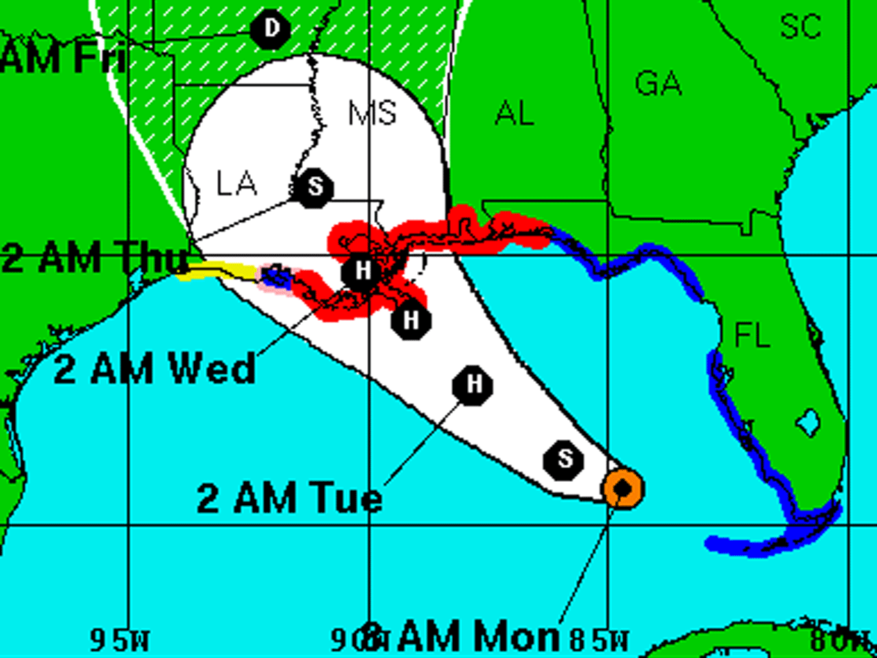 Tropical Storm Isaac's projected path will bring it ashore in the New Orleans area late Tuesday or early Wednesday. 