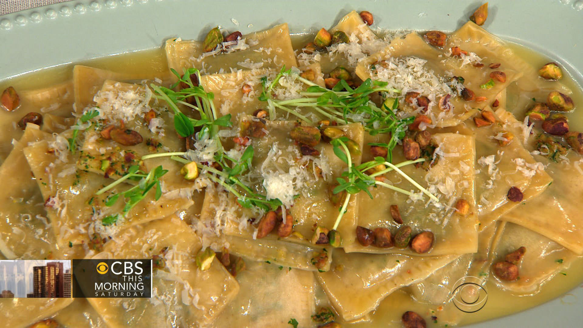 Chef Gerard Crafts pistachio ravioli with brown butter on THE Dish 