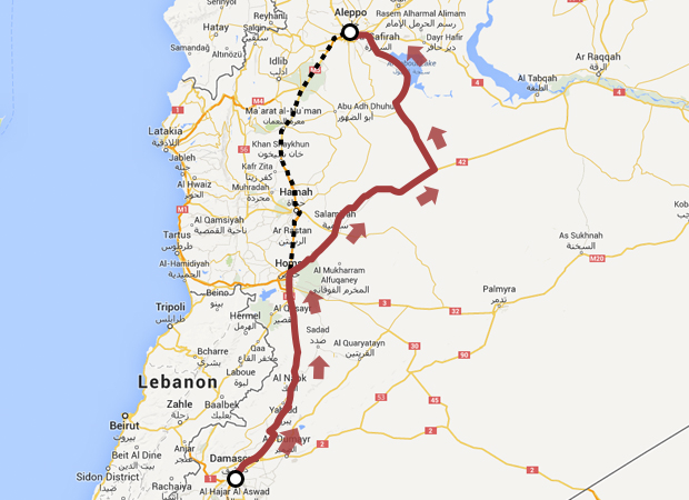 The highway from Damascus to Aleppo is seen in yellow and black, and in red, the route CBS News' crew had to take to avoid the war zone. 