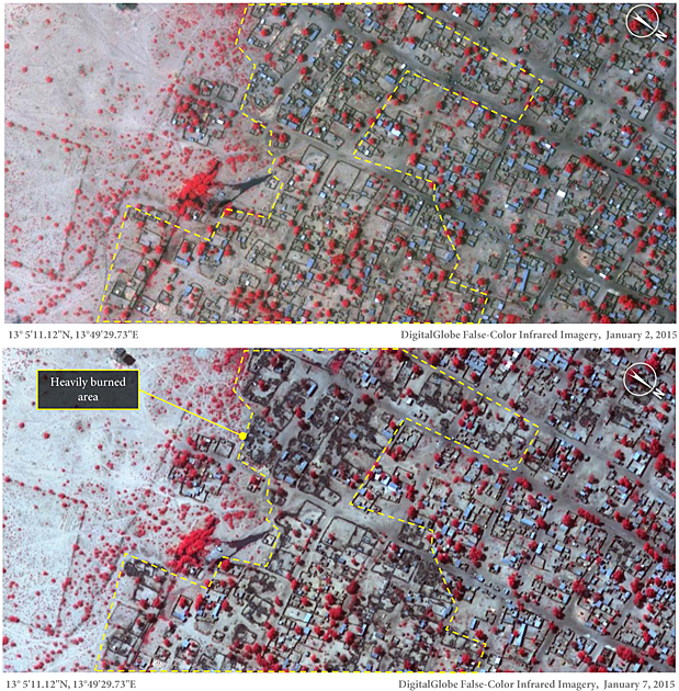 Satellite Images of Baga, in northeast Nigeria, from Jan. 2, 2015 (top) and Jan. 7, 2015, show many thatch roof structures razed after an attack by Boko Haram militants. The dark color represents burned areas 