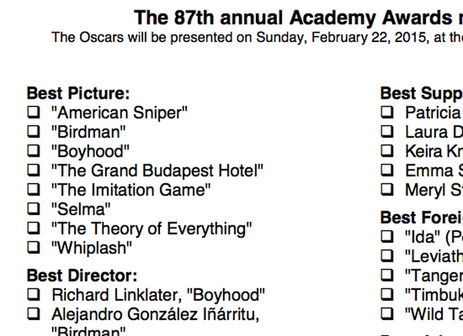 Academy Awards 2015: Download Oscar Ballot For Your Office Pool Or ...