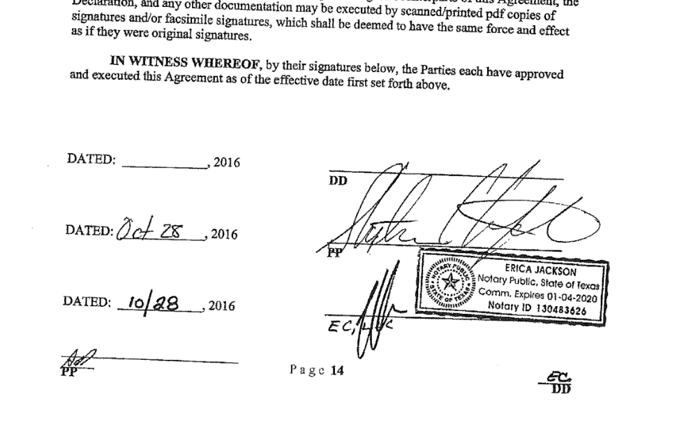 A screengrab of a page from the agreement between Stormy Daniels and then-candidate Donald Trump.