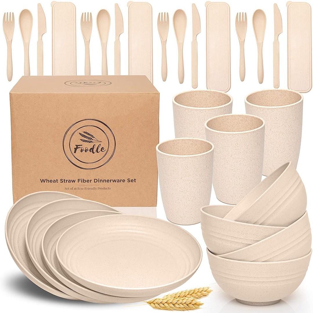 FOODLE Wheat Straw Dinnerware Sets - (28pcs) Lightweight & Unbreakable Dinnerware Set - Microwave and Dishwasher Safe 