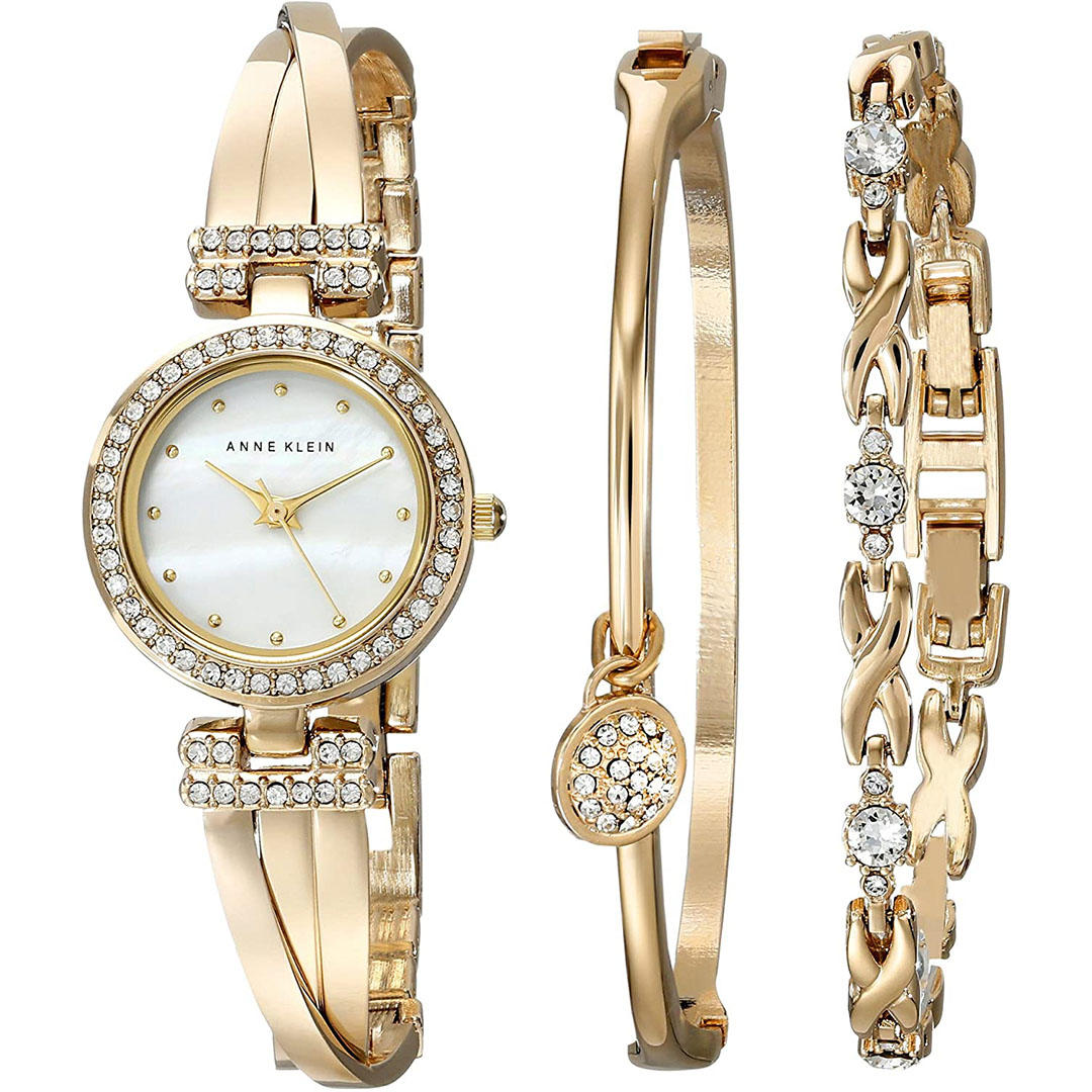 Anne Klein Women's AK/1868GBST Premium Crystal-Accented Gold-Tone Bangle Watch and Bracelet Set 
