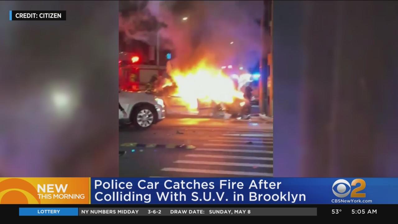 NYPD cruiser bursts into flames after crash in Sunset Park, Brooklyn ...