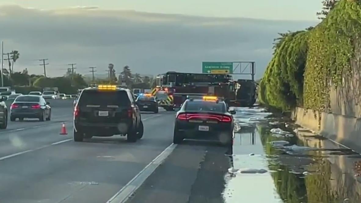 Big-rig rollover crash, fire snarls traffic on southbound Hwy 101 in ...