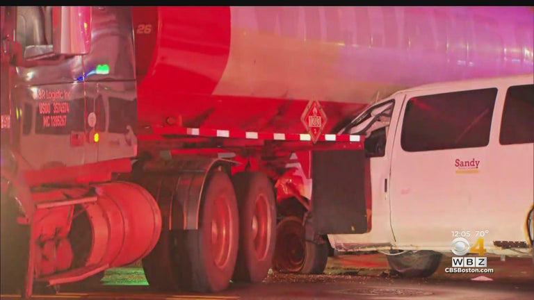 Van crashes into tanker truck in Hyde Park, causing fuel leak - CBS Boston