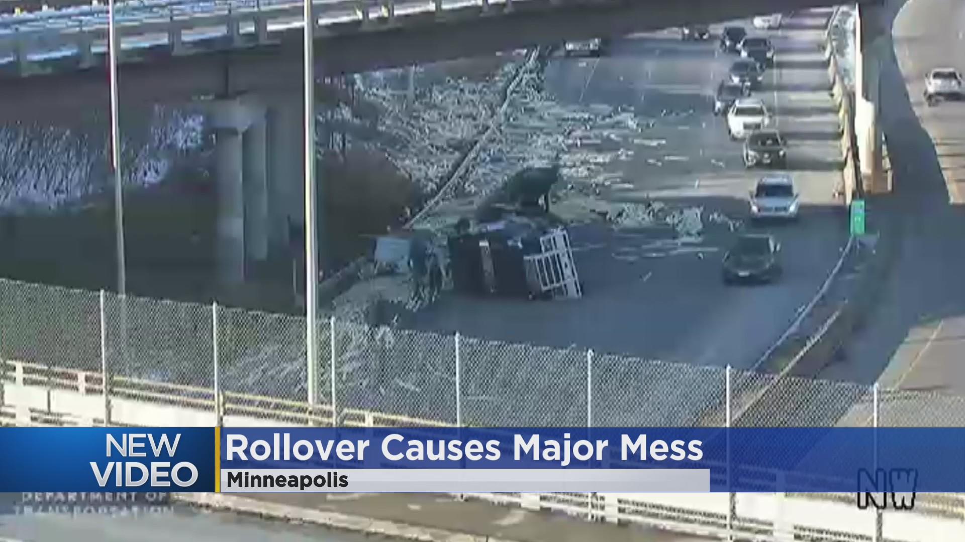 Semi rollover on 35W in Minneapolis causes big mess, delays - CBS Minnesota