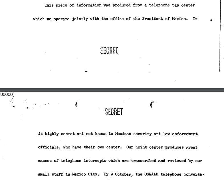 A screenshot shows previously redacted information in a CIA report about Lee Harvey Oswald's activities in Mexico City before the assassination of President John F. Kennedy 
