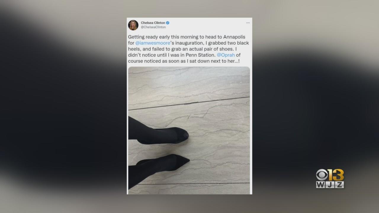 Chelsea Clinton wore mismatched heels to Wes Moore's inauguration, and