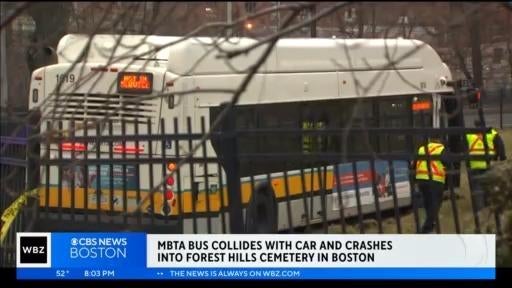 MBTA bus collides with car, crashes into cemetery - CBS Boston