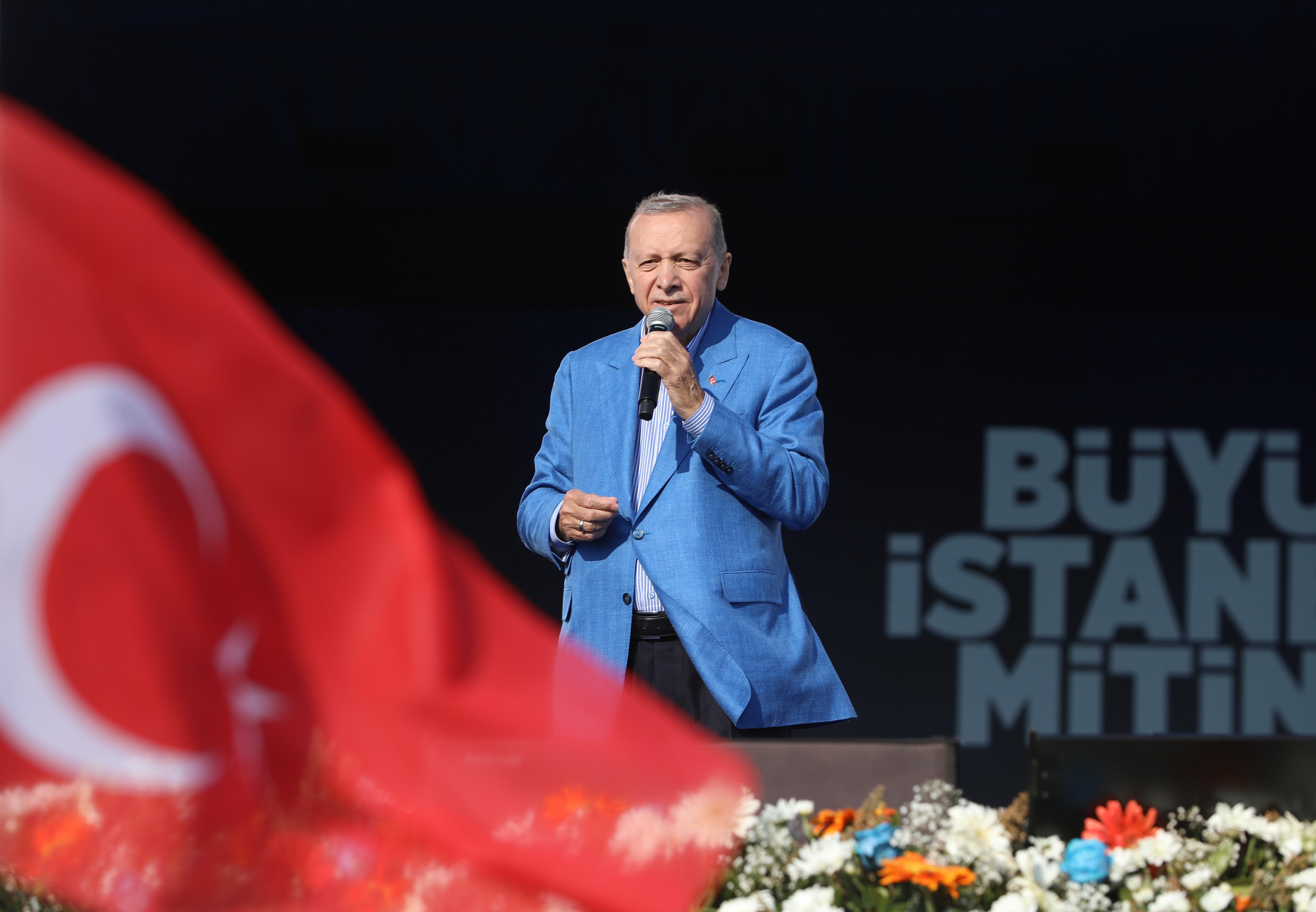Turkish President Recep Tayyip Erdogan addresses supporters at a rally in Istanbul 