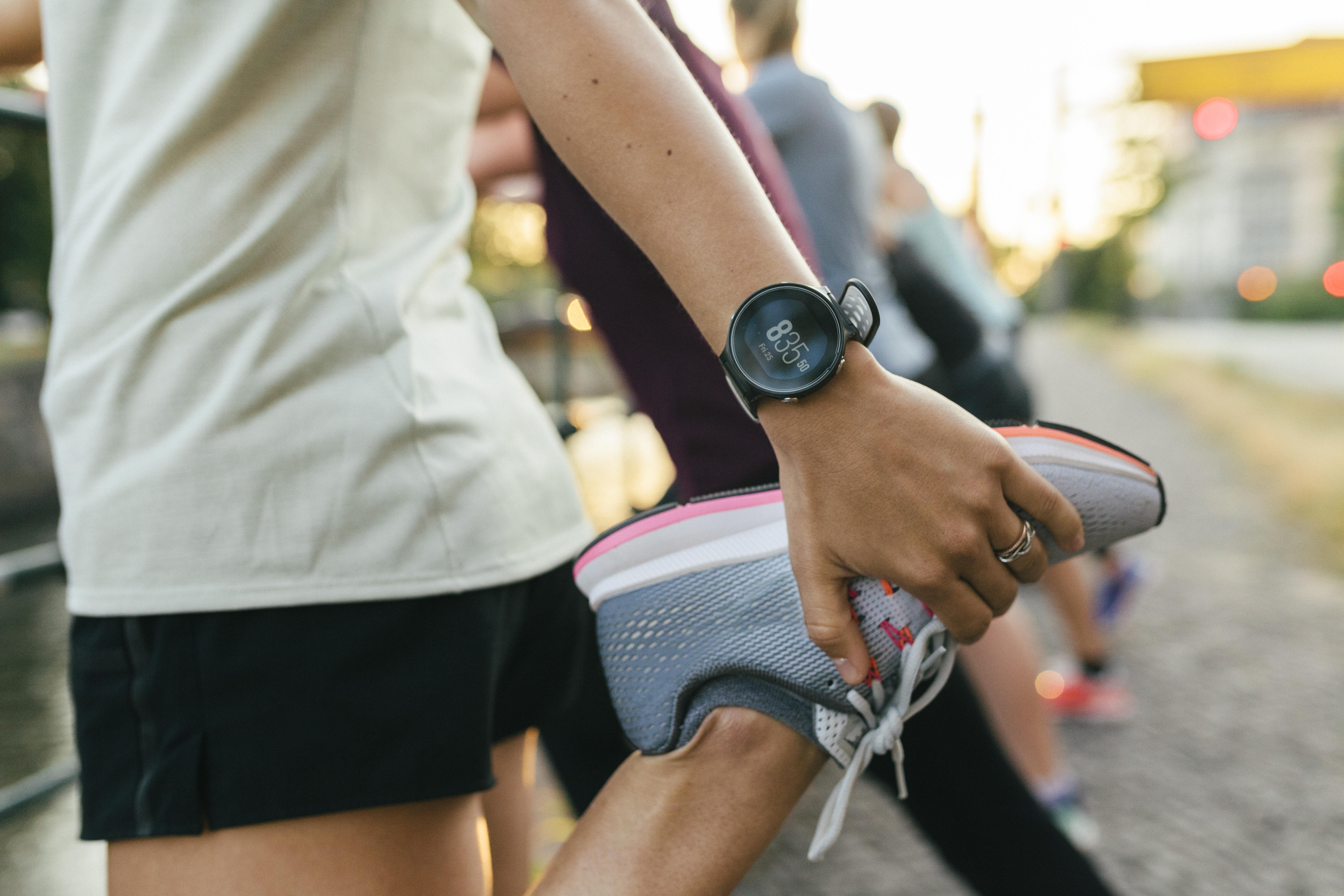 Close up of woman stretching before run 