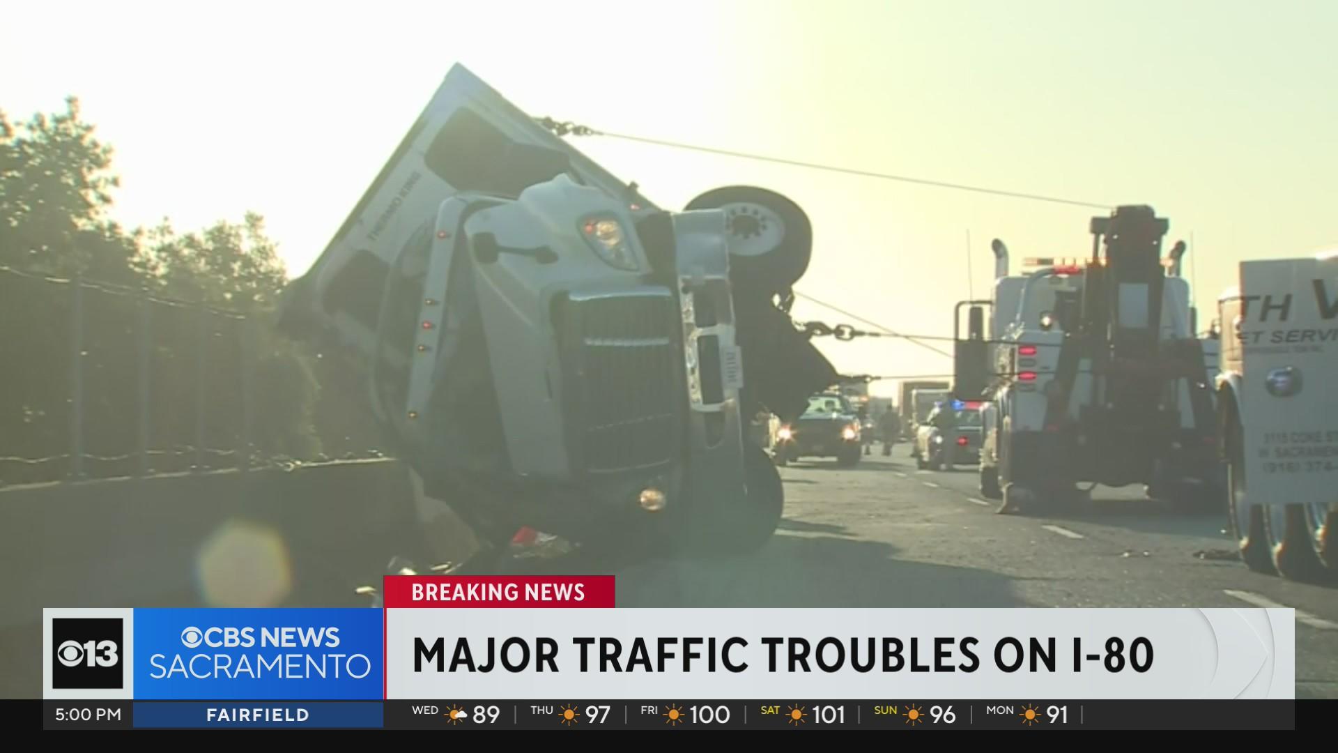 Traffic problems linger on WB I-80 after big rig overturned on Yolo ...
