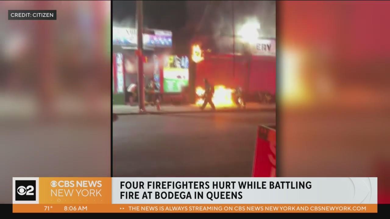 4 firefighters hurt battling overnight bodega fire in Queens - CBS New York