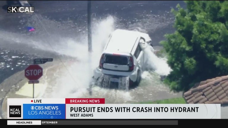 Stolen vehicle pursuit ends after suspect crashes into hydrant - CBS ...