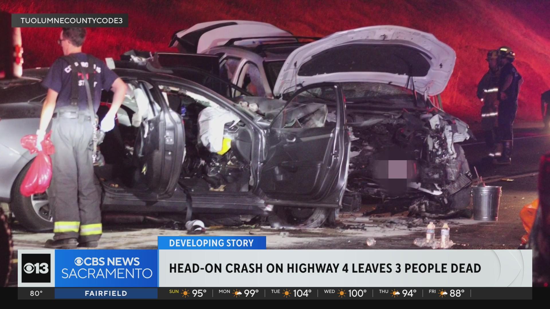 Three people killed in head-on traffic collision on Highway 4 - CBS ...