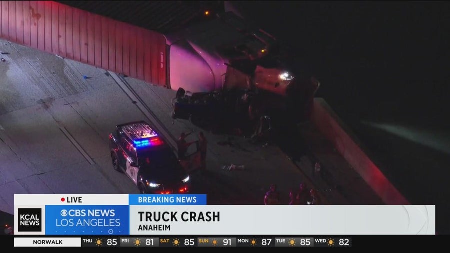 1 dead after big rig overturns onto truck on 57 Freeway in Anaheim ...