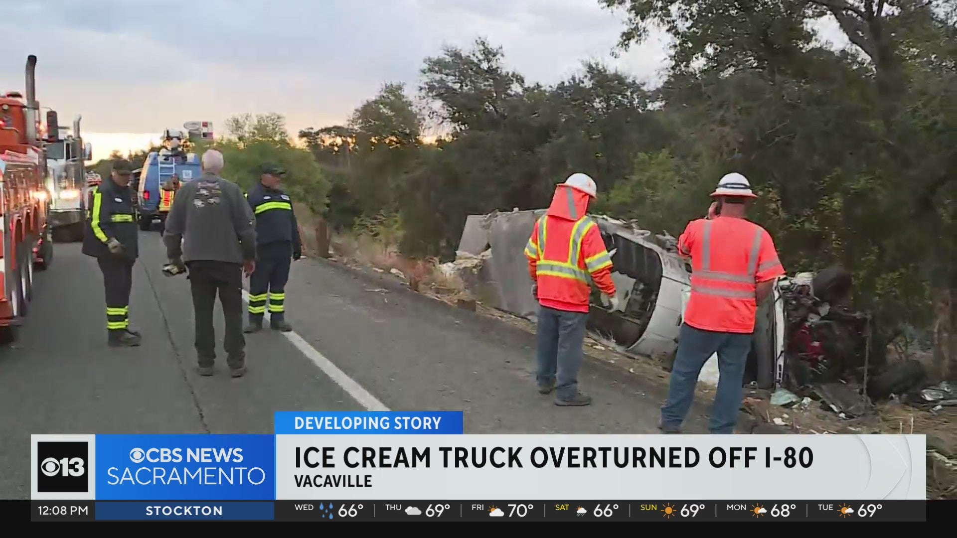 Big rig carrying ice cream overturns on I-80 in Vacaville - CBS Sacramento