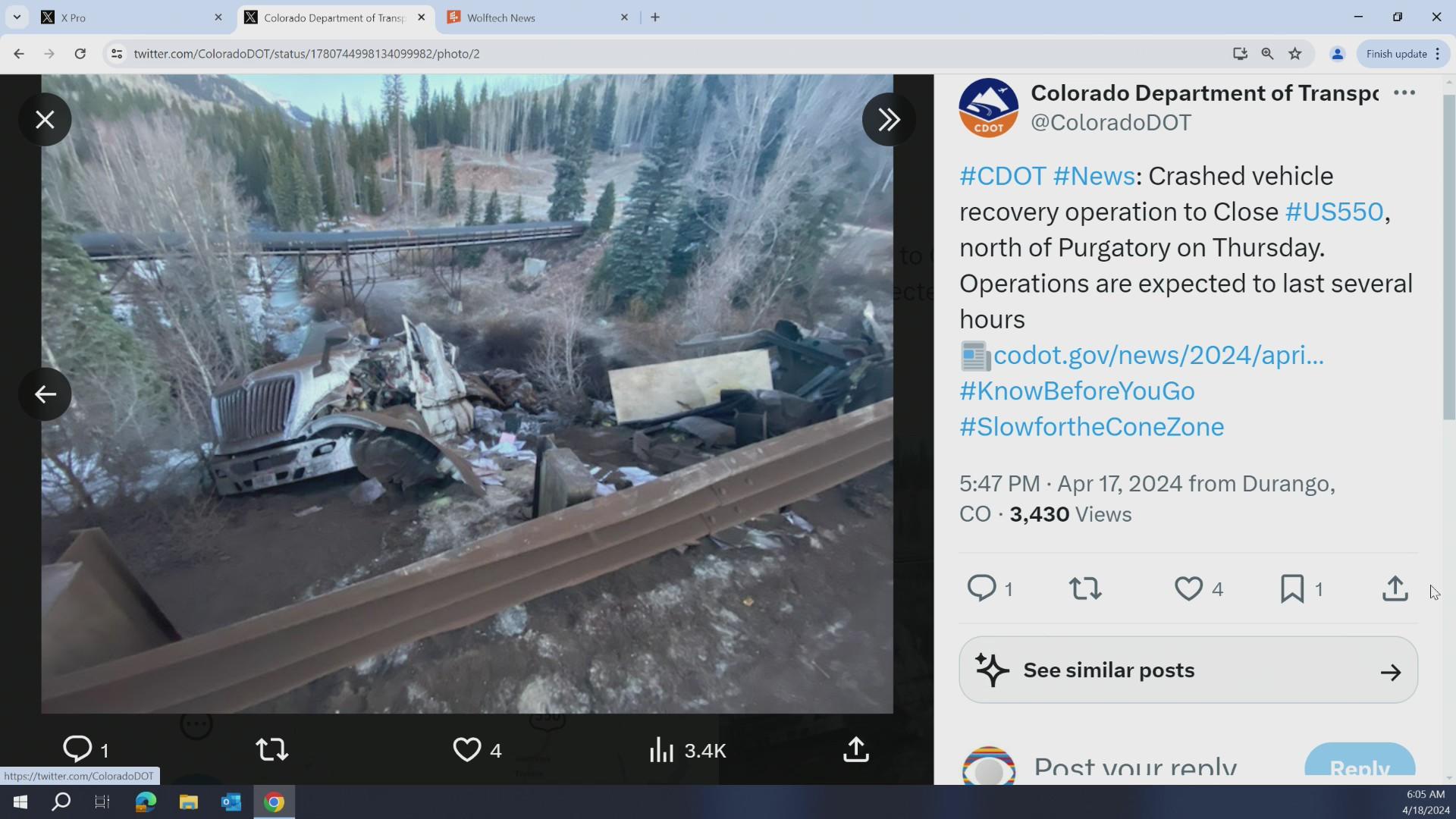 US 550 north of Purgatory Ski Resort in southwestern Colorado closed as  crews recover crashed semi - CBS Colorado