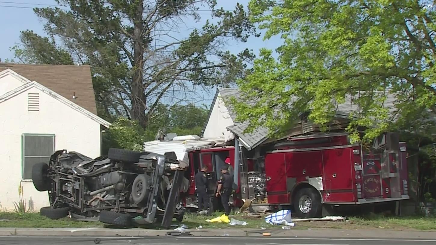 Fire engine strikes home after multiple-vehicle crash in Stockton - CBS ...