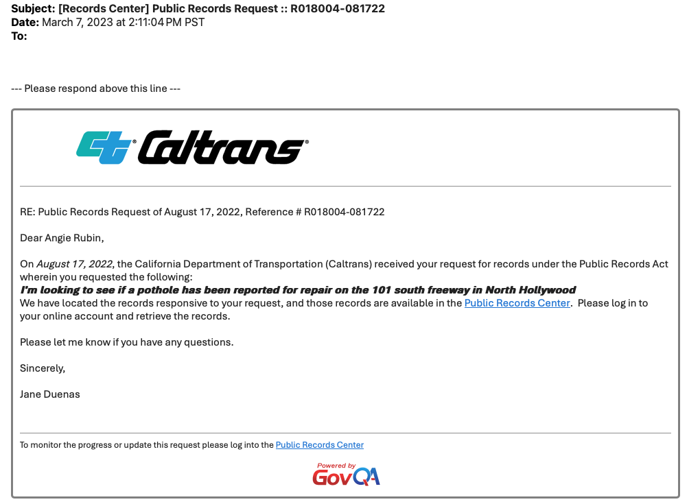 A screenshot of the email Angie Rubin received from Caltrans in March 2023 explaining that records responsive to her request were available, seven months after she made her request. 