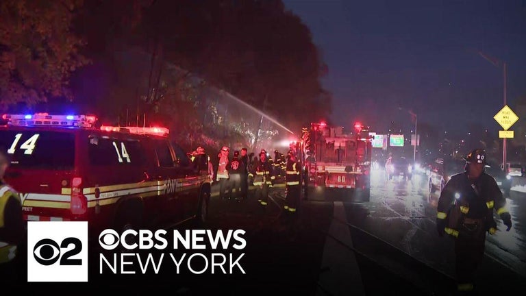 Crews battle large brush fire in Washington Heights park - CBS New York