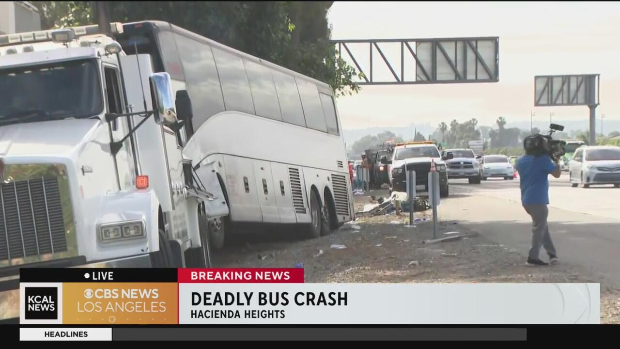 1 dead, dozens injured in California freeway tour bus crash in Hacienda Heights
