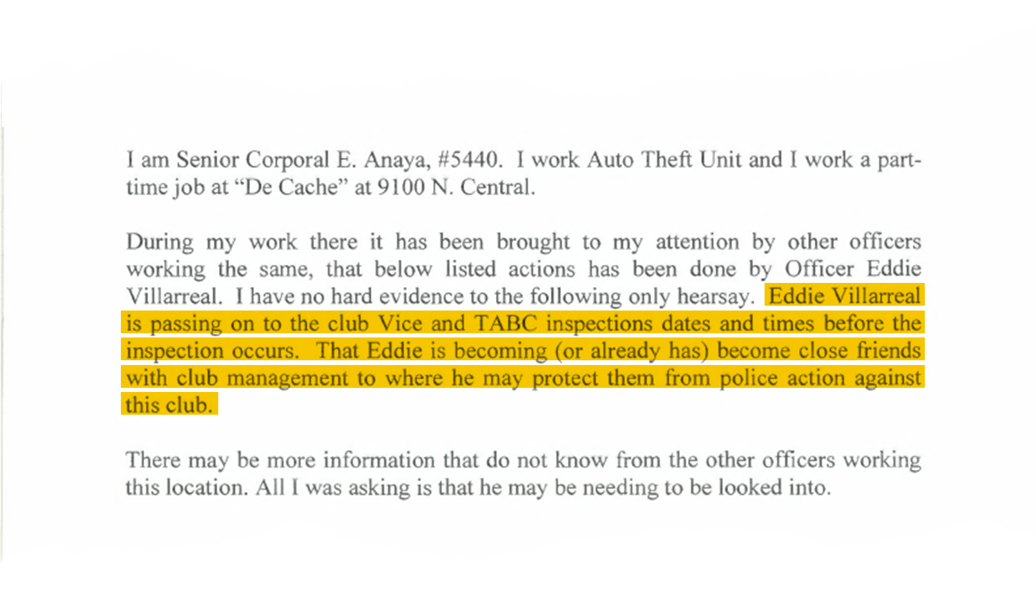 Image for event: Senior Corporal Edward Anaya alleges that Villarreal tipped off the owners of another club to planne