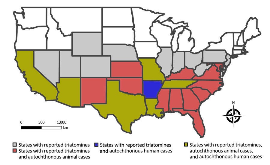 This map shows U.S. states with reported triatomine bugs and different levels of Chagas disease cases.Courtesy of the CDC