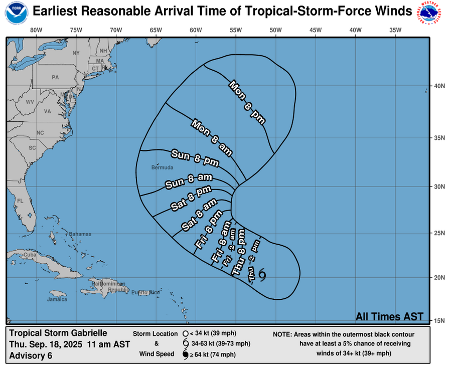 Un mapa muestra los primeros tiempos de llegada esperados de los vientos de fuerza de tormenta tropical para la tormenta tropical Gabrielle. 