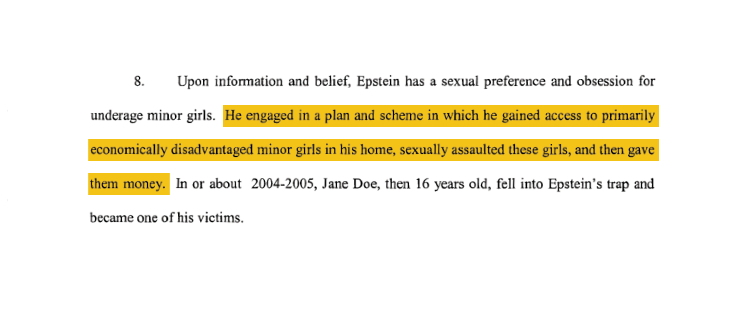 Tearsheet of document showing several nearly-identical Jane Doe lawsuits were filed against Epstein by anonymous women between 2008 and 2010.