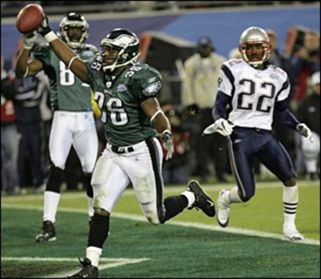 Asante Samuel of the New England Patriots intercepts Donovan McNabb of the  Philadelphia Eagles in the first half of Superbowl XXXIX in Jacksonville,  Florida on February 6, 2005. The interception is later