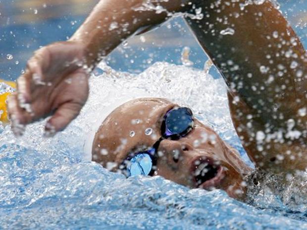 First placed Laure Manaudou, from France, swims on her way to winning the Women's 800 Meter Freestyle final race at the European Swimming Championships 