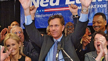 Greenwich businessman Ned Lamont celebrates his victory over incumbent Sen. Joe Lieberman in the Democratic state primary 