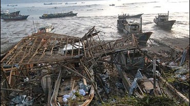 Buildings and boats damaged by Typhoon Saomai are seen in Fuding, in southeastern China's Fujian province 