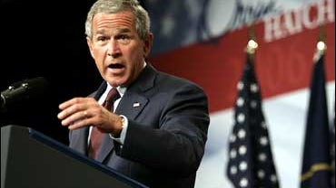 President Bush gestures during a fundraiser for the reelection campaign of Sen Orrin Hatch, R-Utah, on Thursday, Aug. 31, 2006 in Salt Lake City. 