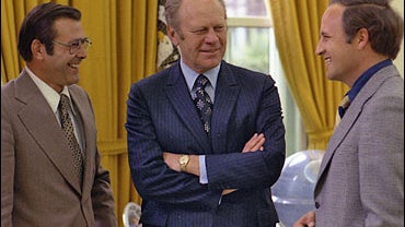 President Ford chats with Chief of Staff Donald Rumsfeld and Rumsfelds assistant Richard Cheney in the Oval Office. April 28, 1975. 