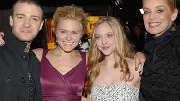 From left, actors Justin Timberlake, Dominique Swain, Amanda Seyfried and Sharon Stone attend the premiere of their new film, "Alpha Dog," at the Cinerama Dome on Jan. 3, 2007, in Hollywood, Calif. The film is directed by Nick Cassavetes. 