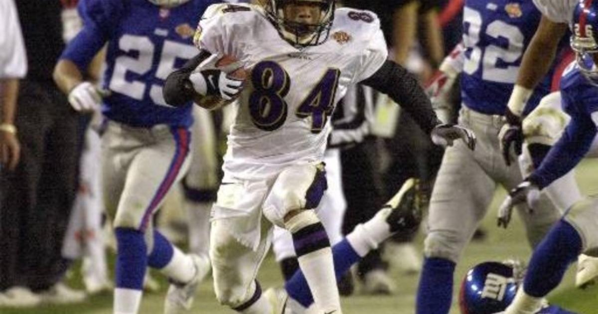 Baltimore Ravens Chris McAlister, left, and Duane Starks (22) celebrate  Starks' interception return for a touchdown against the New York Giants  during the third quarter in Super Bowl XXXV Sunday, Jan. 28