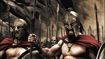 Captain (Vincent Regan), Leonidas (Gerard Butler) and the Spartans stand ready to halt the advance of the Persian army in the action drama "300." 