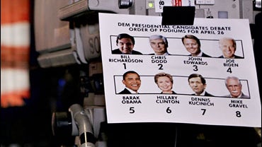 A television camera holds a diagram of the Democratic candidates during preparations for the first presidential debate of the 2008 presidential race at South Carolina State University 