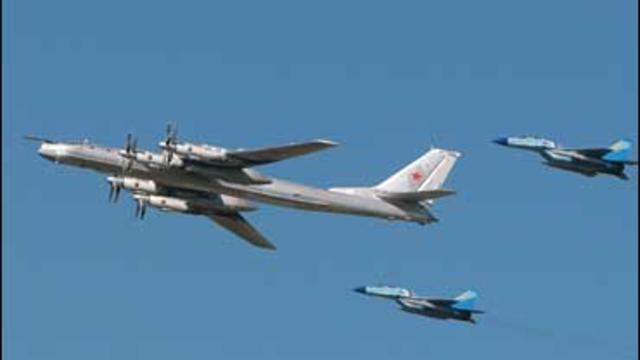 Russian strategic bomber TU-95 surrounded by MiG-29 