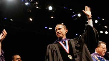 Democratic presidential hopeful Sen. Barack Obama, D-Ill., waves to the crowd after delivering his convocation address at Howard University 