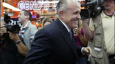 Republican presidential hopeful Rudy Giuliani visits Geno's Steaks in south Philadelphia on Monday Oct. 1, 2007. (AP Photo/ Joseph Kaczmarek) 