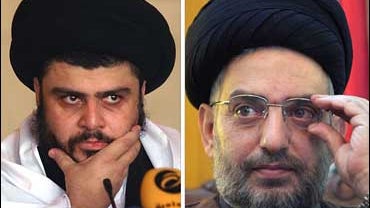 Shiite leaders Muqtada al-Sadr, left, and Abdul Aziz al-Hakim 