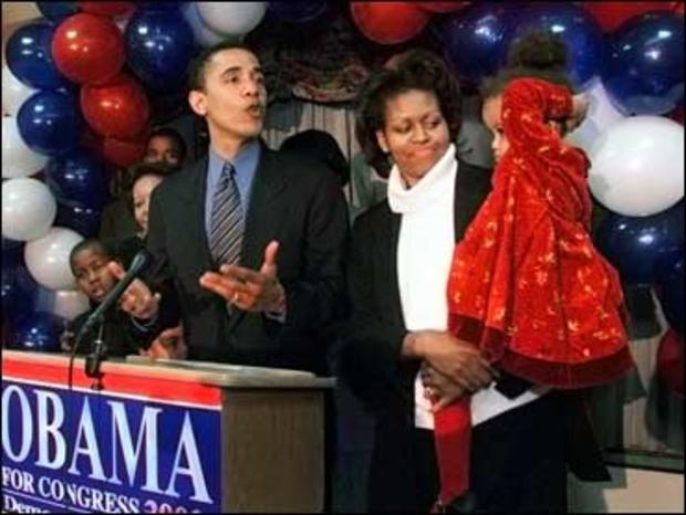Barack Obama, left, with his wife, Michelle, and daughter, Malia, delivers his concession speech after losing the Democratic primary in Illinois' 1st Congressional District 